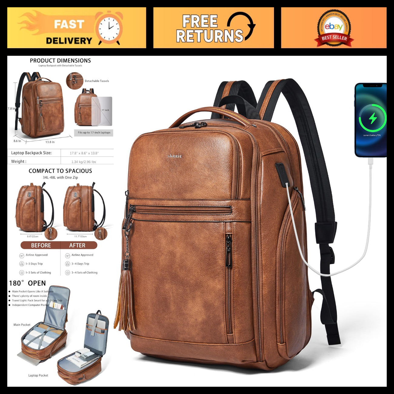 17" Vegan Leather Travel Laptop Backpack with USB Charger, Expandable, Large Cap