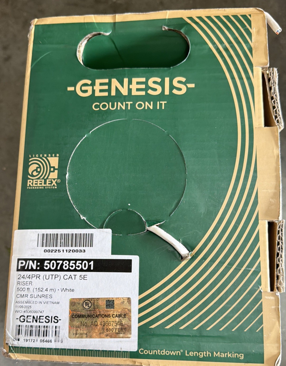 GENESIS 50785501: 24/4PR UTP CAT 5E Networking Cable Riser White 500 ft