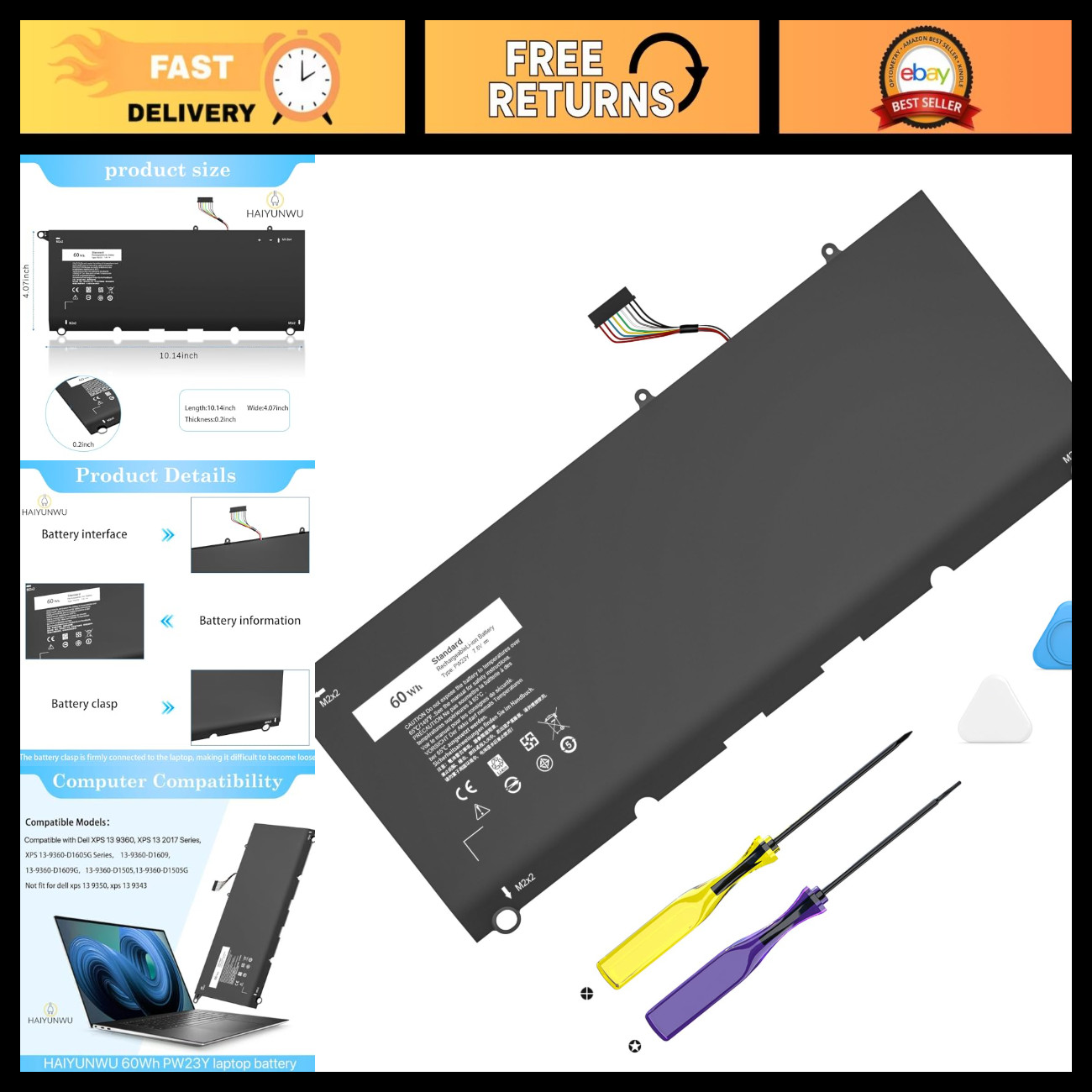 High-Capacity Laptop Battery for XPS 13 9360 - Long-Lasting Power Replacement