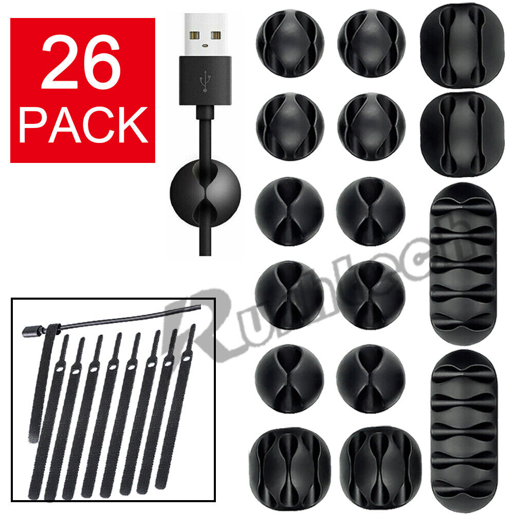 26Pcs Cable Clips Cord Management Wire Tie Holder Organizer Clamps Self-Adhesive