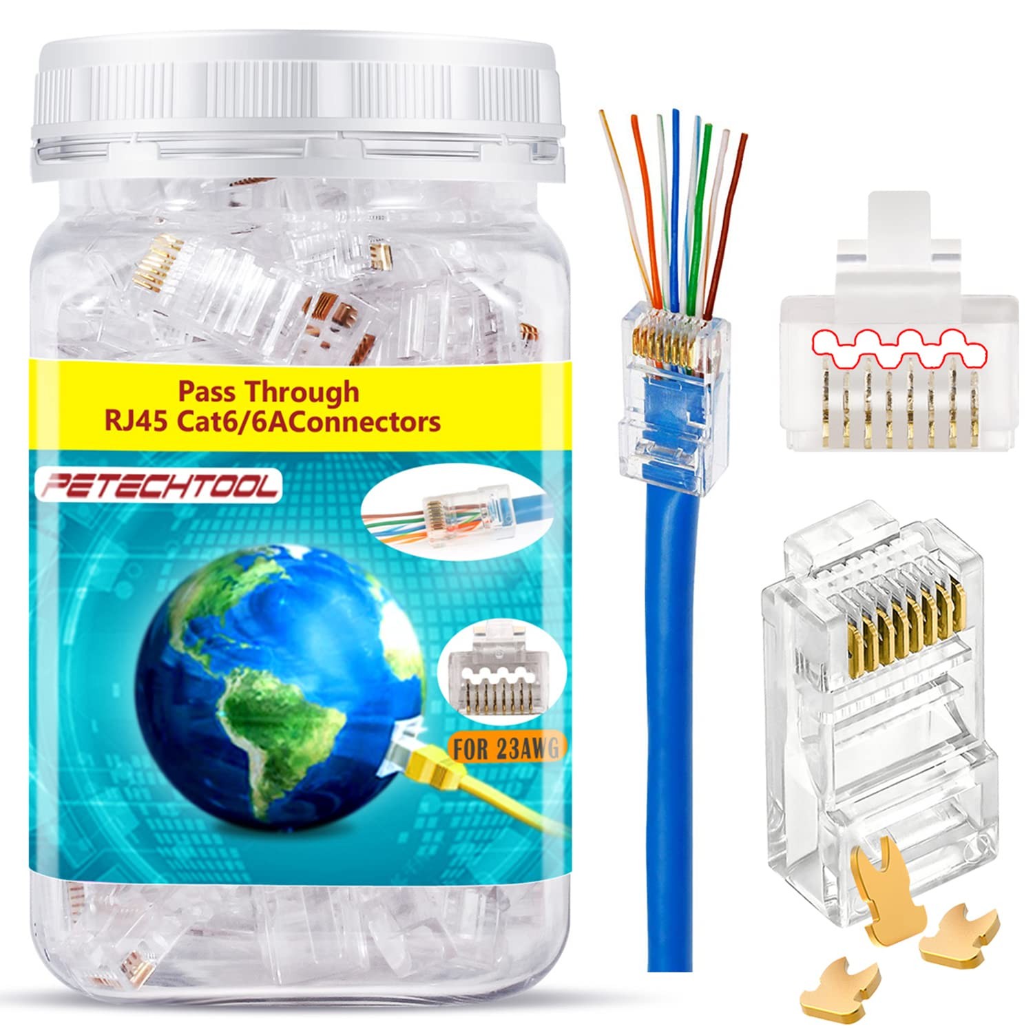 RJ45 23AWG Cat6a Cat6 Connector Gold Plated 8P8C Pass Through Ends UTP Networ...