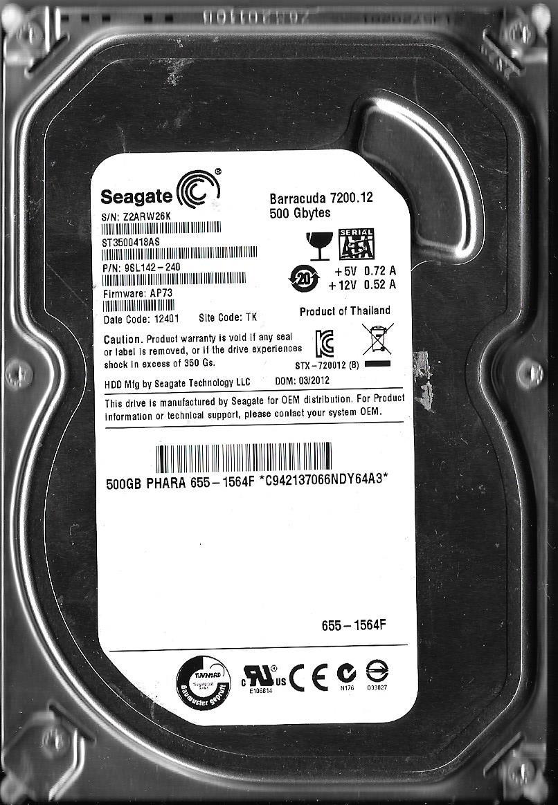 SEAGATE BARRACUDA ST3500418AS 500GB SATA HARD DRIVE P/N: 9SL142-240  Z2A  TK