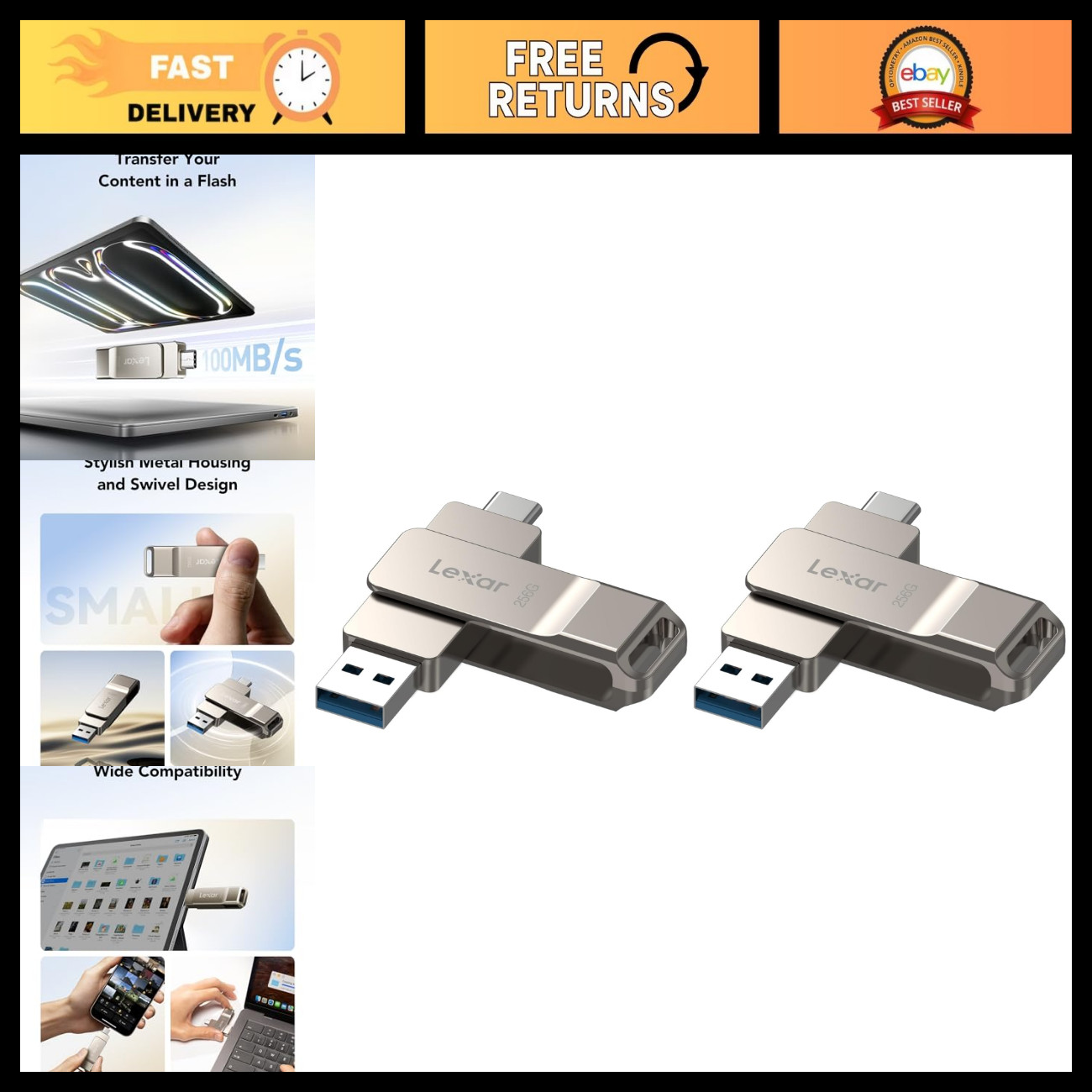 256GB Dual USB 3.2 Type-C Flash Drive, Metal Swivel Thumb Drives - Pack of 2