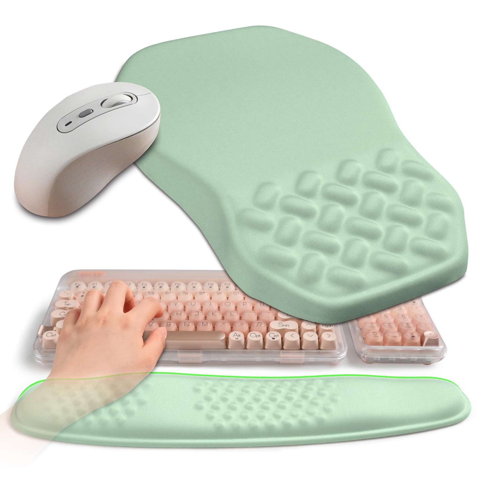 2in1 Ergonomic Wave Keyboard Wrist Rest Massage Mouse Pad Light Green Foam