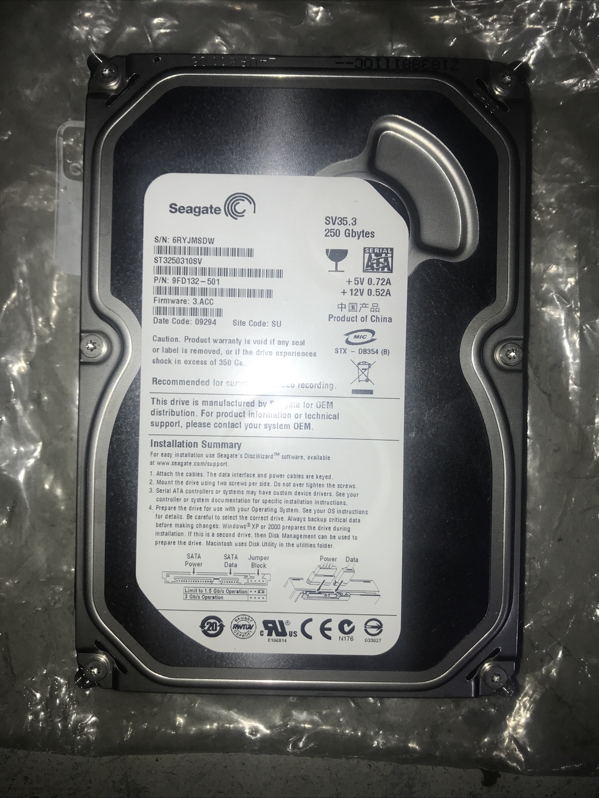 Used Seagate SV35.3 250GB Internal 7200RPM 3.5" ST3250310SV SURVEILLANCE HDD