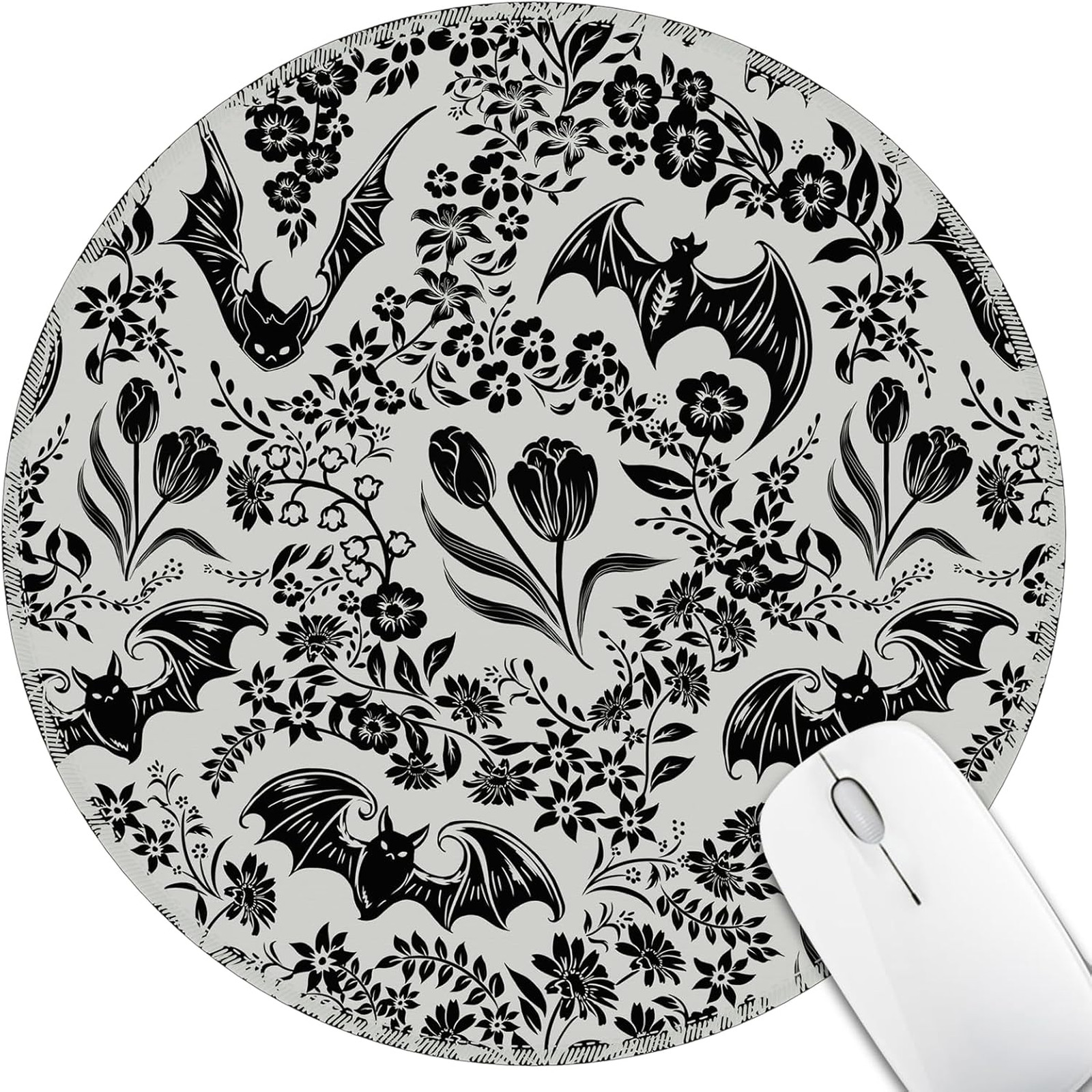 Round Mouse Pad, Goth Bat Floral Design, 8.6 Inch Size, Non slip Rubber Base