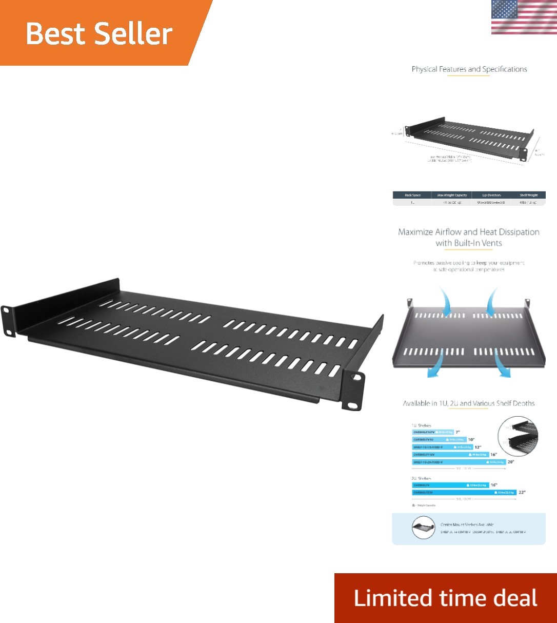 Versatile 1U Rack Shelf with Vented Design - Fits 19" Cabinets, 44lbs Capacity