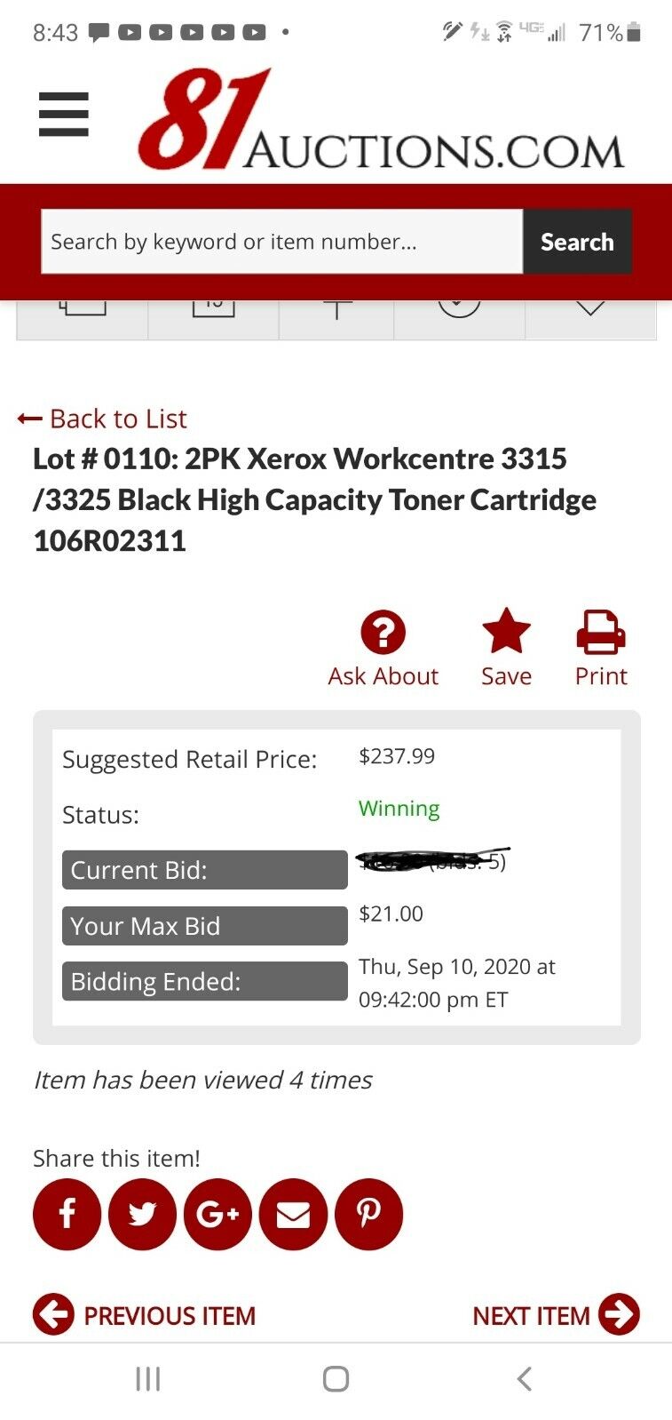  Xerox Workcentre 3315 /3325 Black High Capacity Toner Cartridge 106R02311  