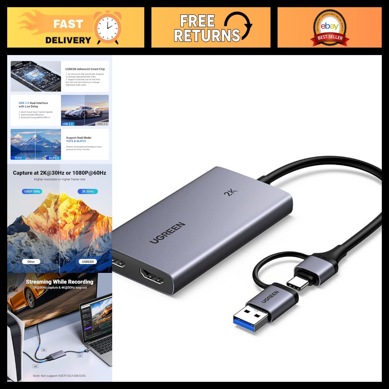 4K HDMI Capture Card, 2K 30FPS, 1080P 60FPS, USB 3.0, Loop Out Video Recorder