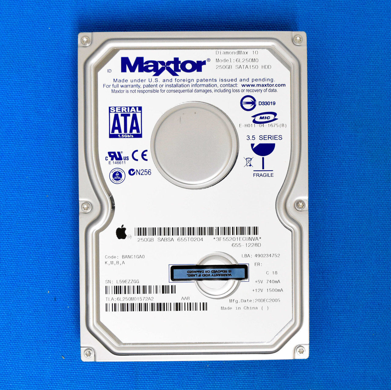 Apple Maxtor 250GB 6L250M0, 655-1228D DimondMax-10 7200 RPM 8MB Cache SATA 1.5Gb