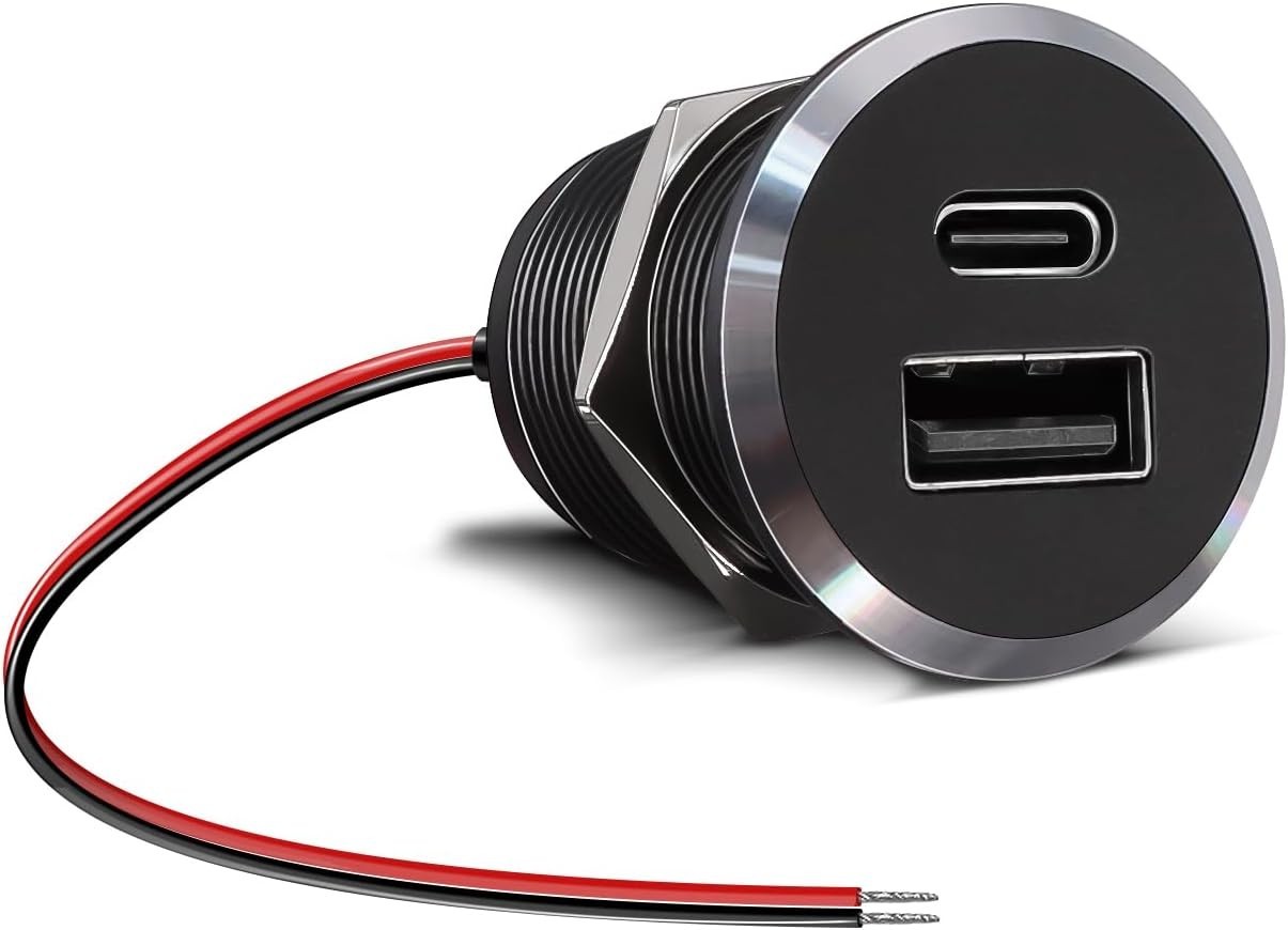 12V USB Outlet All-Aluminum QC 3.0 USB-A & USB-C PD3.0 Dual High-Speed Charger S