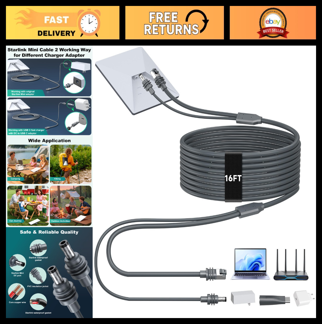 2-in-1 Starlink Mini Ethernet Cable 16.4FT, Waterproof DC Power Cable for Boat/C