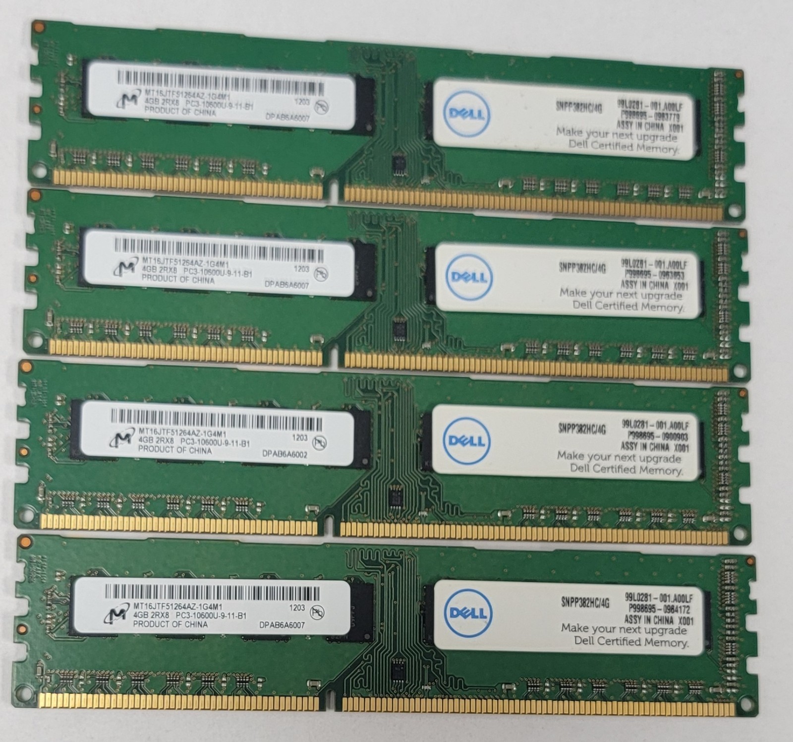 MICRON 4GB 2RX8 PC3-10600U-09-11-B1  MT16FTF51264AZ-1G4M1 (4X4GB=16GB)  LOT OF 4