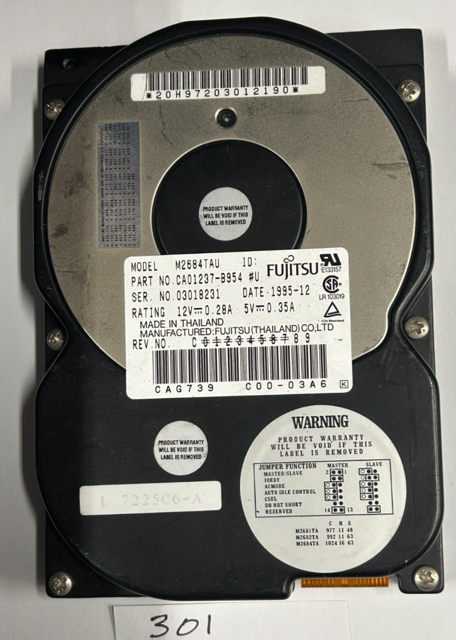 Tested - Fujitsu M2684TAU 528MB 3.5" IDE ATA-2 Fast Vintage Hard Drive HDD 1995