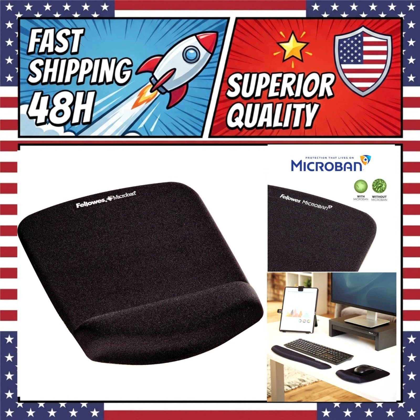 Fellowes PlushTouch Foam Mouse Pad with Wrist Support Black Ergonomic