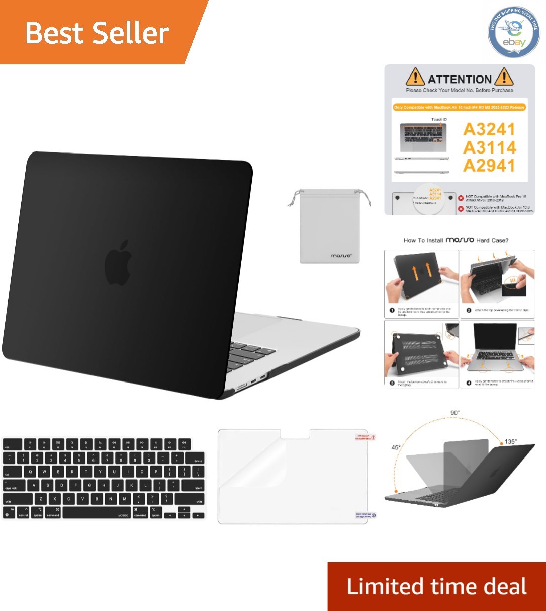 Elegant Black MacBook Air 15 Inch Hard Shell Case with Screen Film & Storage Bag