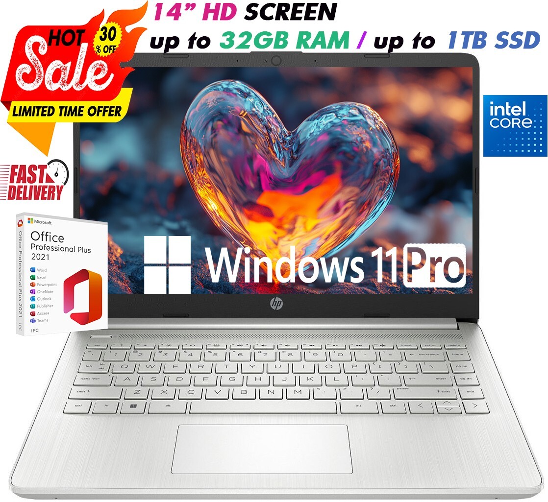 HP Slim Laptop 14" 4-Core Intel Core Upto 32GB RAM& 1TB SSD, Win 11 PRO+OFFICE