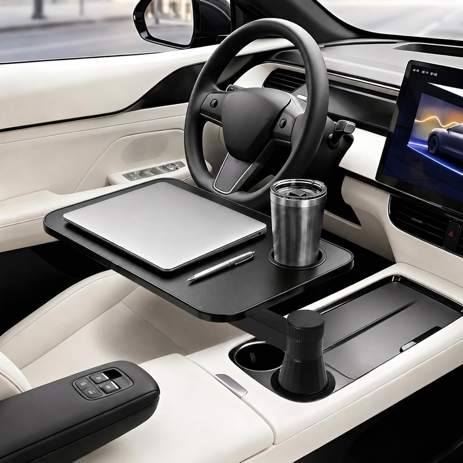 360° Rotating Car Desk Tray for Laptop and Food, Premium Leather Car Table with