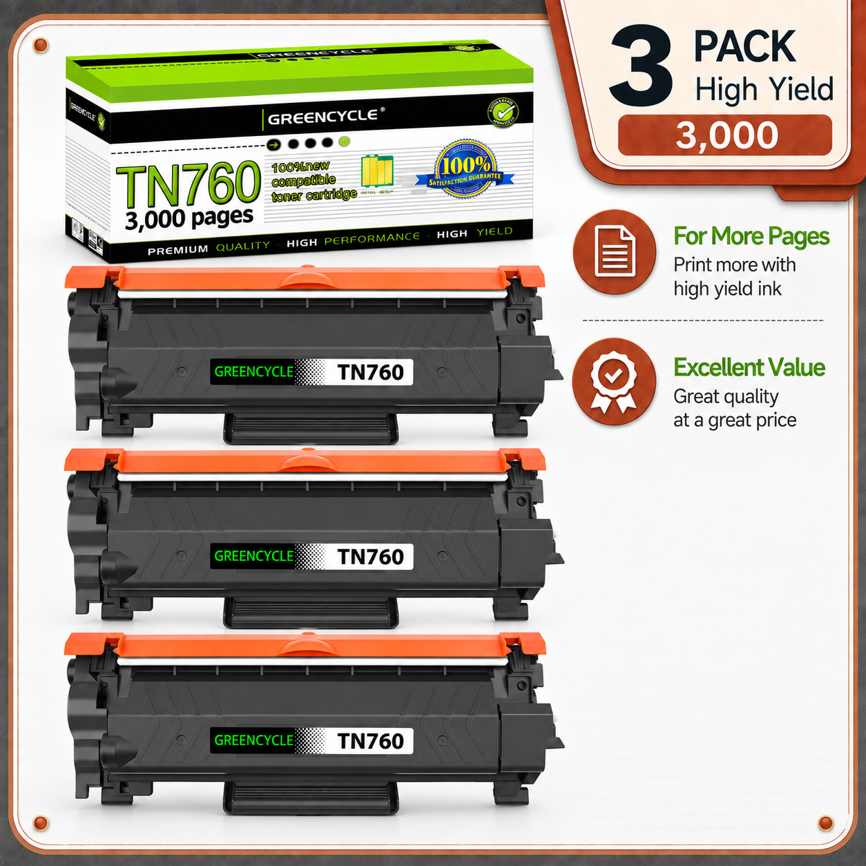 GREENCYCLE 3 Pack TN760 Toner Cartridge for Brother HL-L2370DW MFC-L2730DW