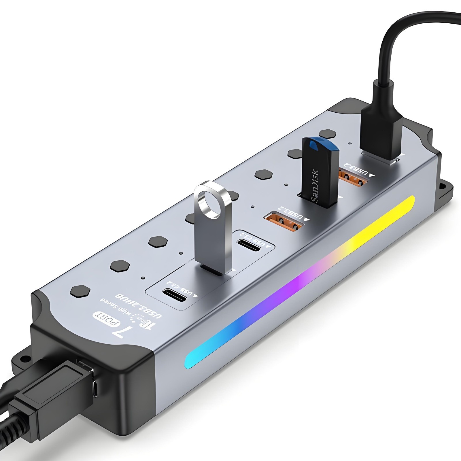 New RGB 7-Port USB 3.2 Gen2 Aluminum Hub PC Expander Low-Latency 10Gbps Data Hub