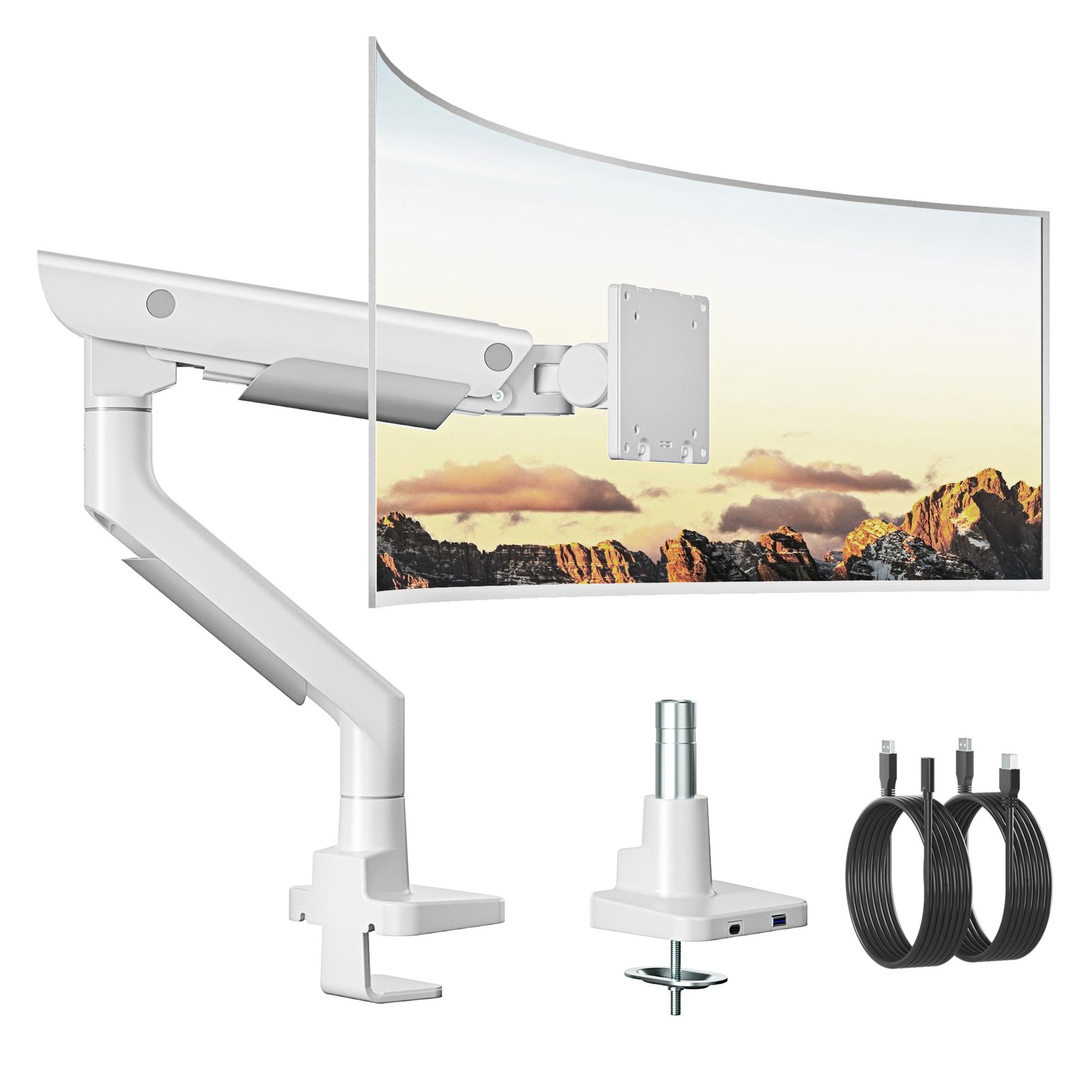 monTEK Sleek Aluminum Monitor Arm for 17-57" Screens, USB 3.0, New, White
