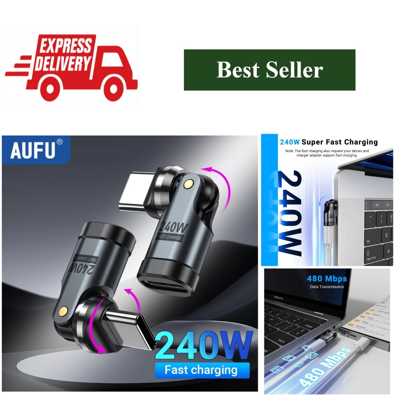 AUFU 240W USB-C to USB-C OTG Adapter 540° Rotating 5A Fast Charging Converter
