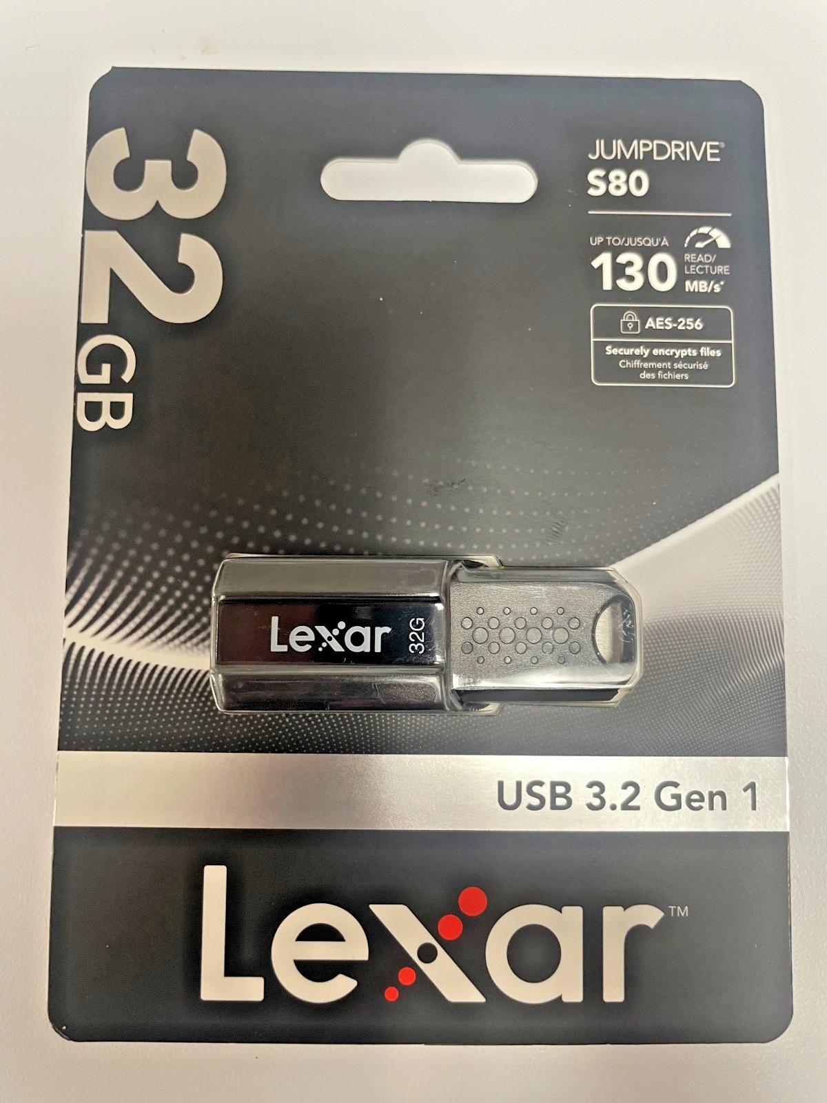 Lexar USB 3.2 Gen 1, 32 GB, Jump Drive S80, AES-256, Up to 130 MB/S Read/Lecture