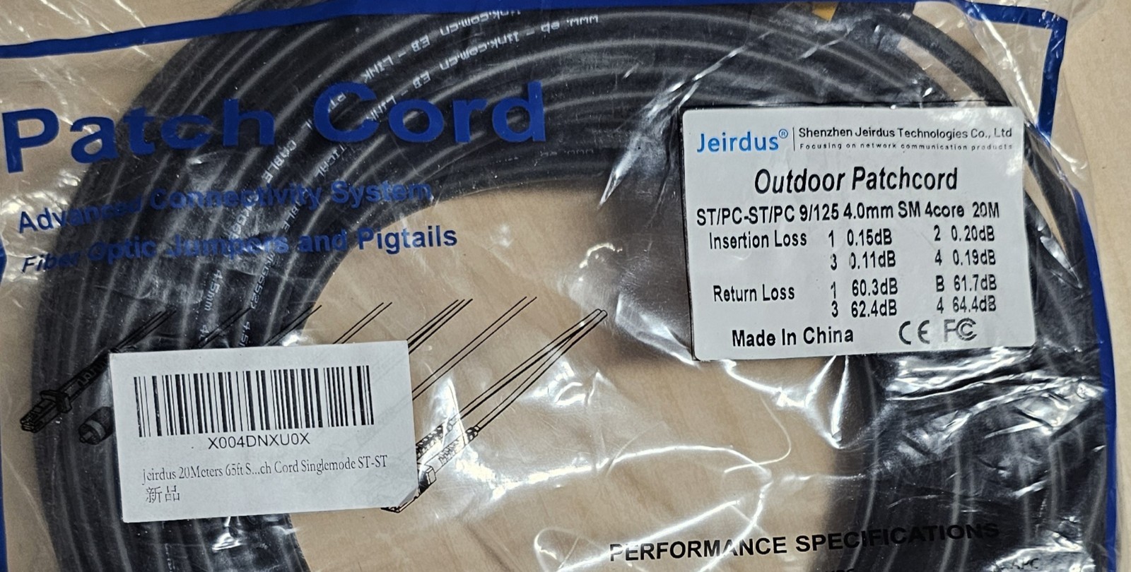 Jeirdus 65Ft 20Meters Outdoor Patchcord ST/PC-ST/PC 9/125 4.0mm SM 4core See Pic