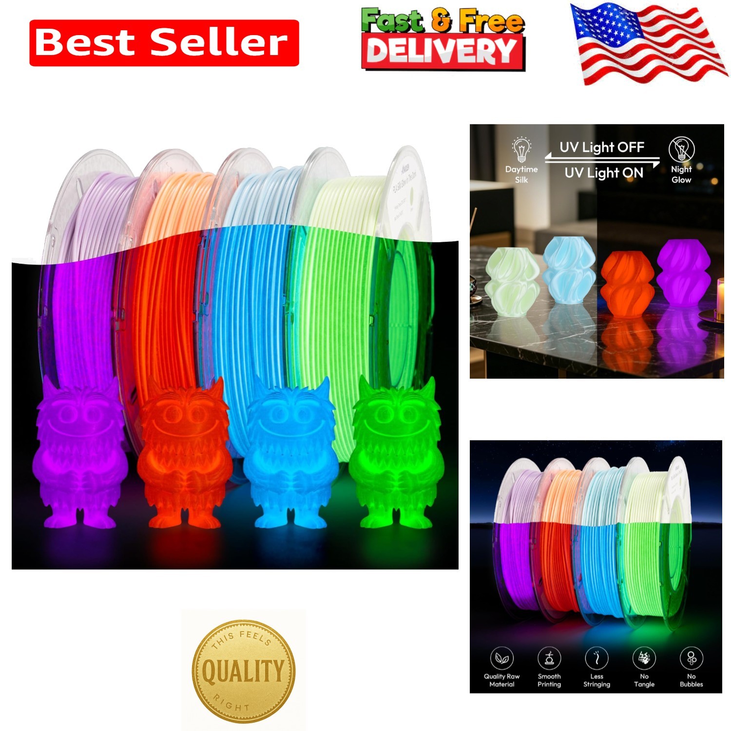 Multicolor Silk Glow in the Dark PLA Filament 200g x 4 - 1.75mm Diameter