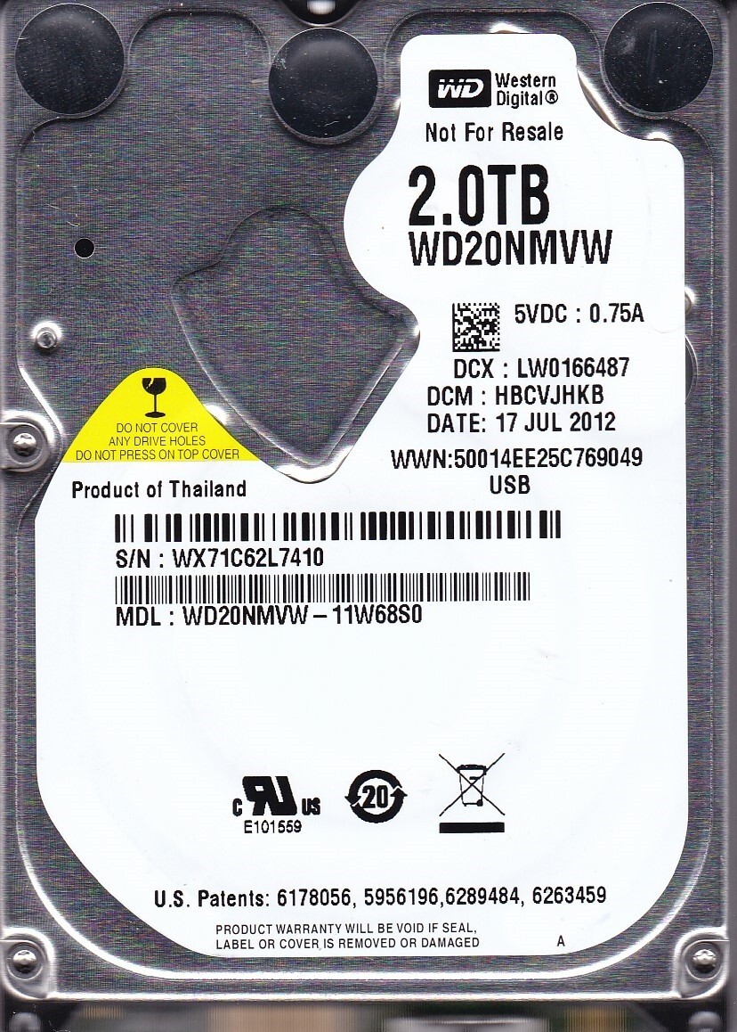 WD20NMVW-11W68S0 dcm: HBCVJHKB sn: WX71C6 2TB Thailand JUL / 2012 USB 3.0 B18-15