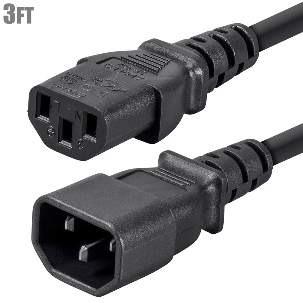 3FT Power Cable Extension Cord IEC 60320 C14 Male to C13 Female 16 Gauge 3-Prong