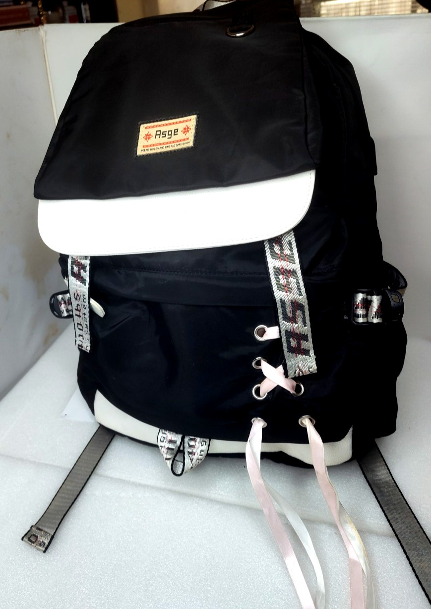 ASGE Black &White Nylon Backpack Drawstring Flap School Travel Laptop Bag 18"x15