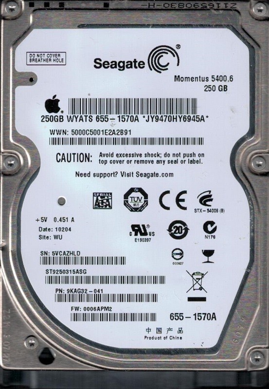 Seagate ST9250315ASG P/N: 9KAG32-041 F/W: 0006APM2 MAC 655-1570A WU 5VC 250GB