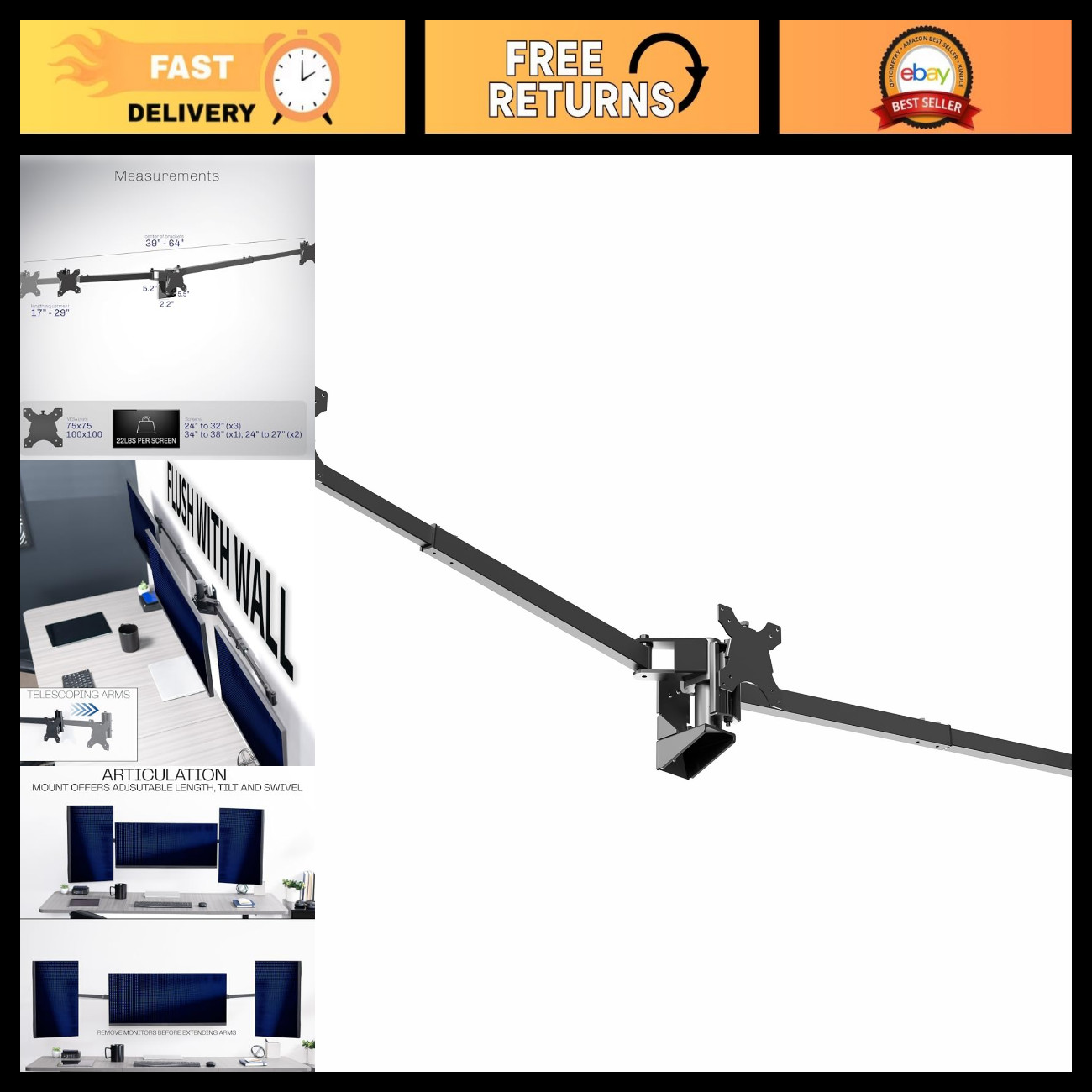 Triple Monitor Wall Mount - Adjustable, Holds 22 lbs Per Screen, VESA Compatible