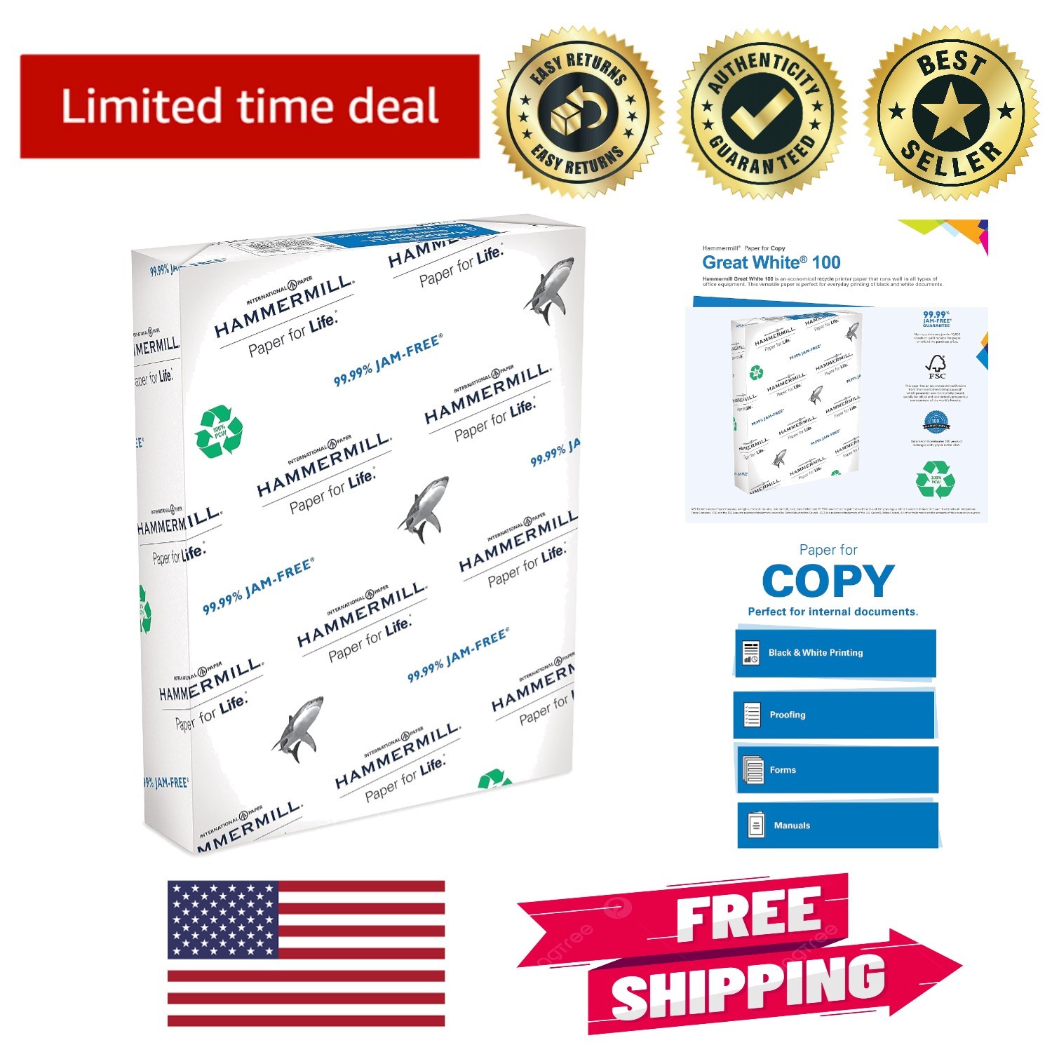 Eco-Friendly 8.5 x 11 Copy Paper, 500 Sheets - Smooth Finish, 92 Bright