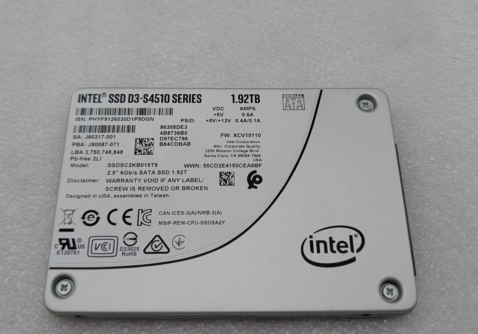 INTEL SSD D3-S4510 Series SATA SSD 1.92TB