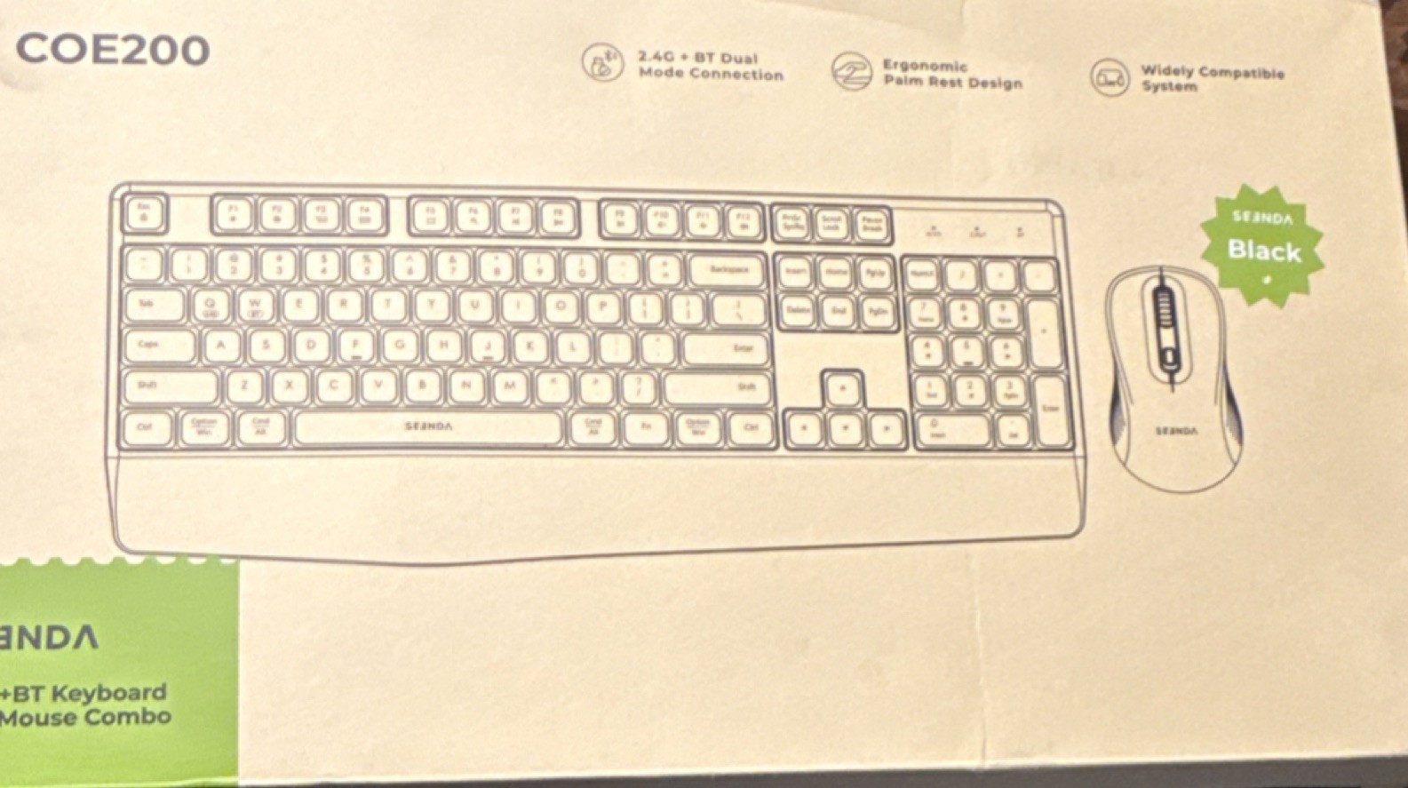 Seenda COE200 2.4G Bluetooth Keyboard Mouse Combo Black Ergonomic Plug & Play
