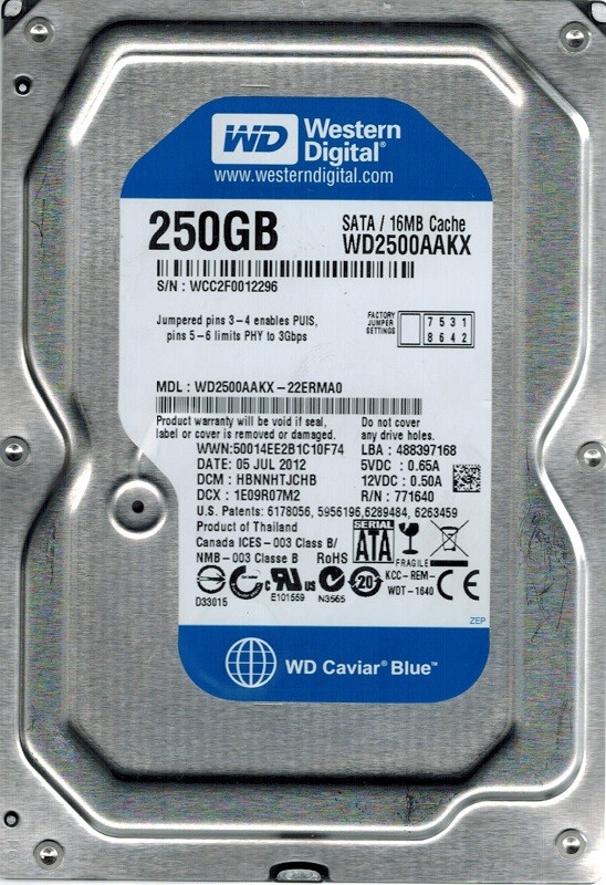 Western Digital WD2500AAKX-22ERMA0 DCM: HBNNHTJCHB 250GB