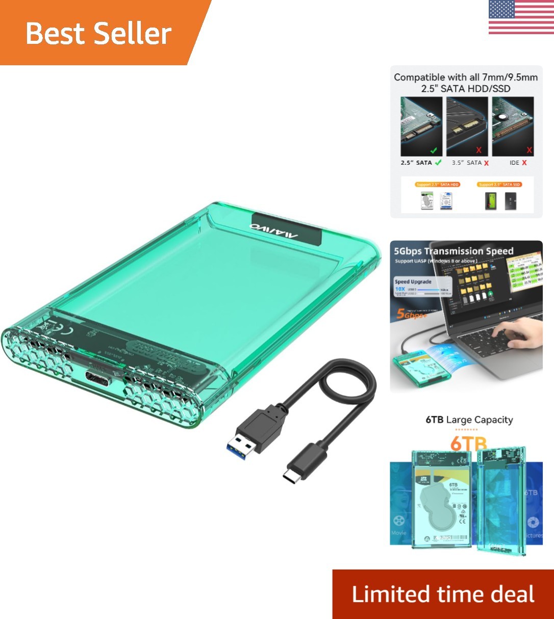 Transparent Green 6TB USB C to SATA External Drive Enclosure - Fast and Stylish