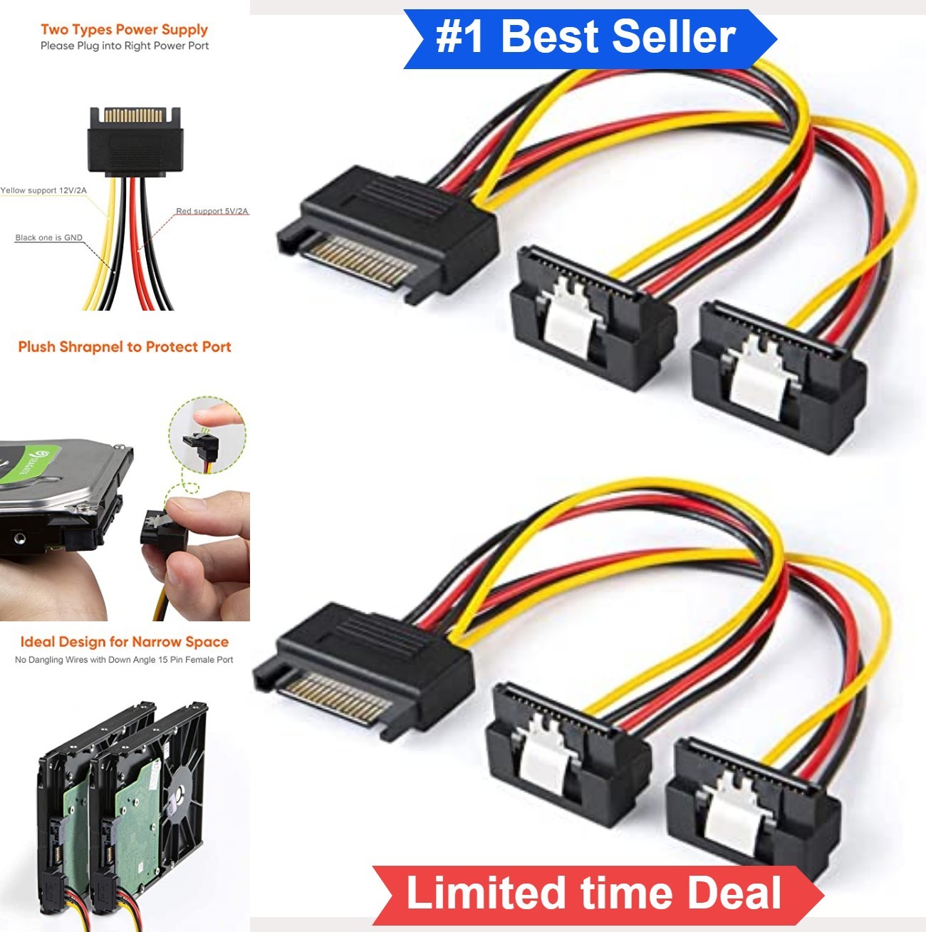 SATA Power Splitter Cable 6 Inch 15 Pin Male to Female 2 Pack for HDD SSD