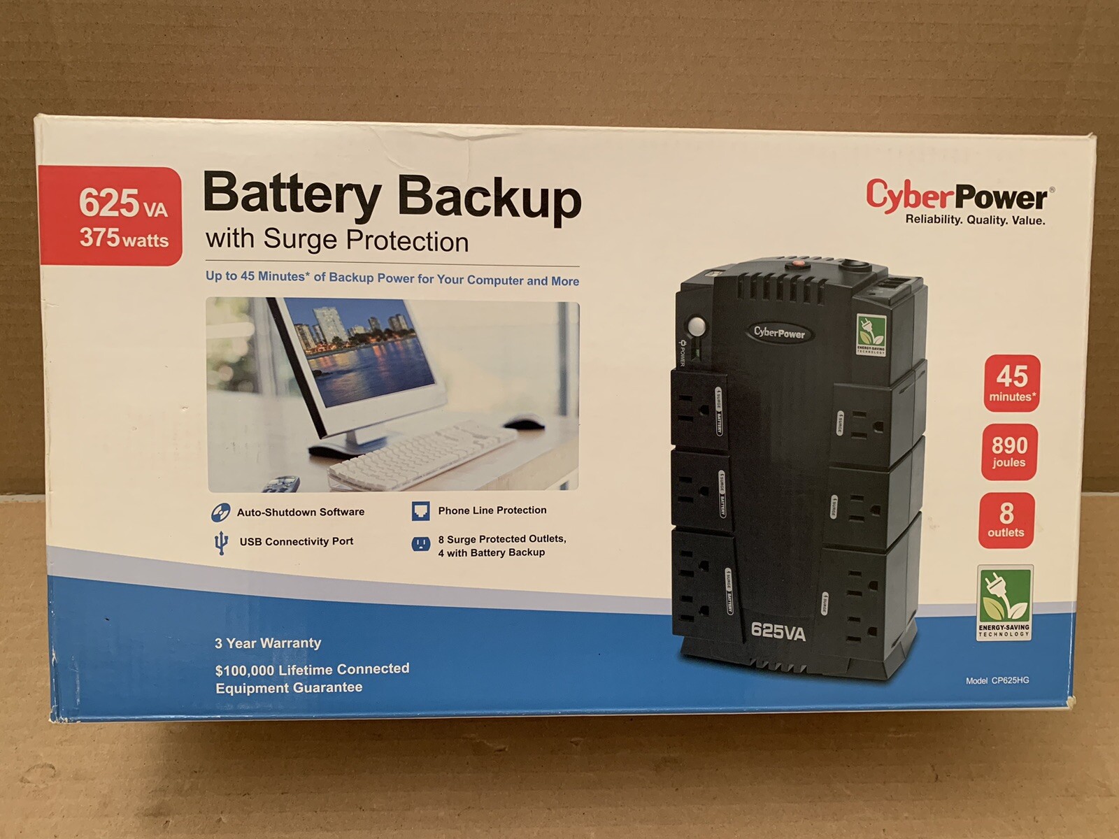 CyberPower CP625HG 625VA 375W 8 Outlets Battery Back-Up System New Open Box