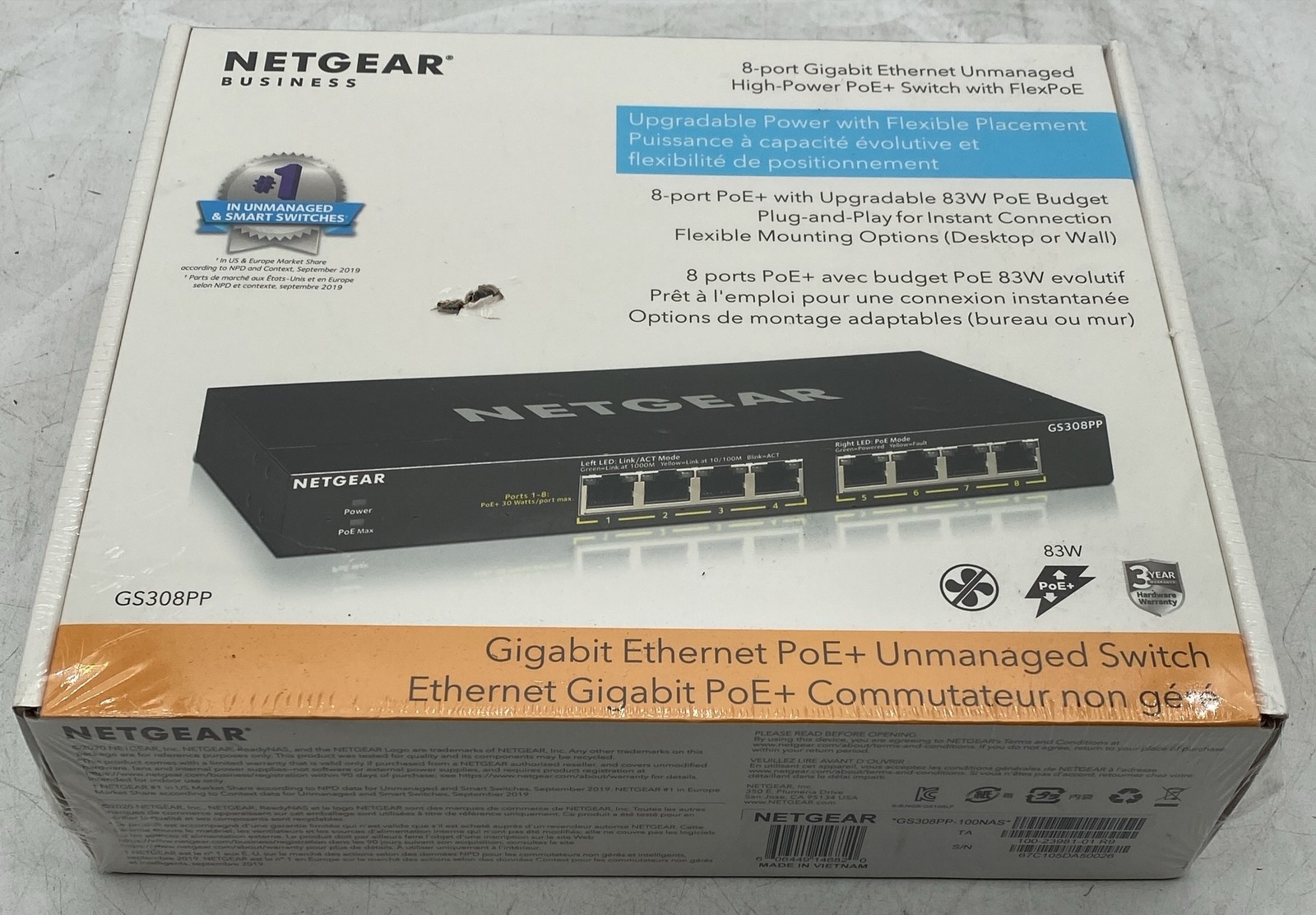 NETGEAR GS308PP 8-Port Gigabit PoE+ Unmanaged Ethernet Switch Sealed 