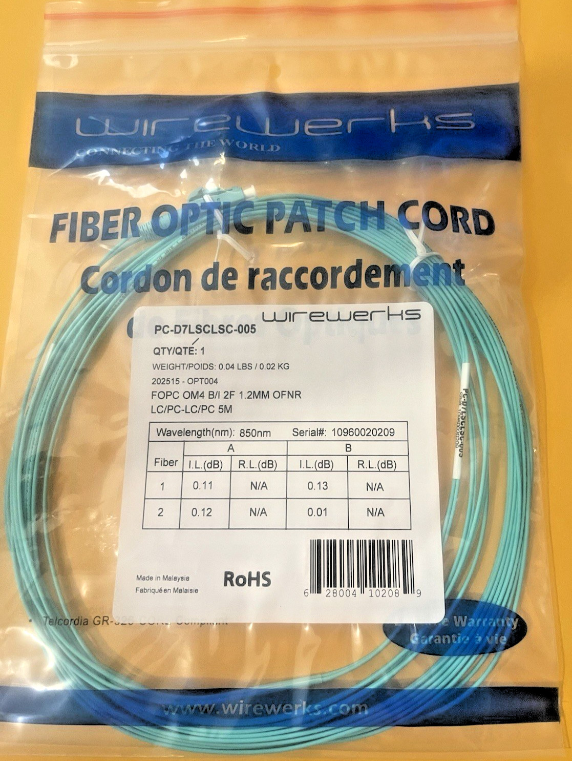 LC-LC UPC Duplex FOPC OM4 2F ZIP 1.2MM OFNR Fiber Optic Patch Cord 5PK, 5 Meters