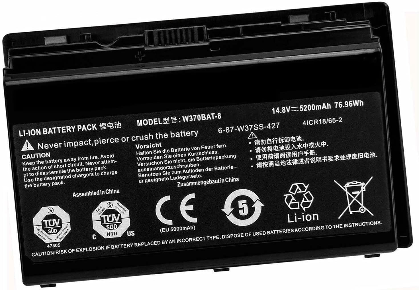 76.96WH 5200mAh 14.8V W370BAT 8 Laptop Battery Compatible with Clevo W350et
