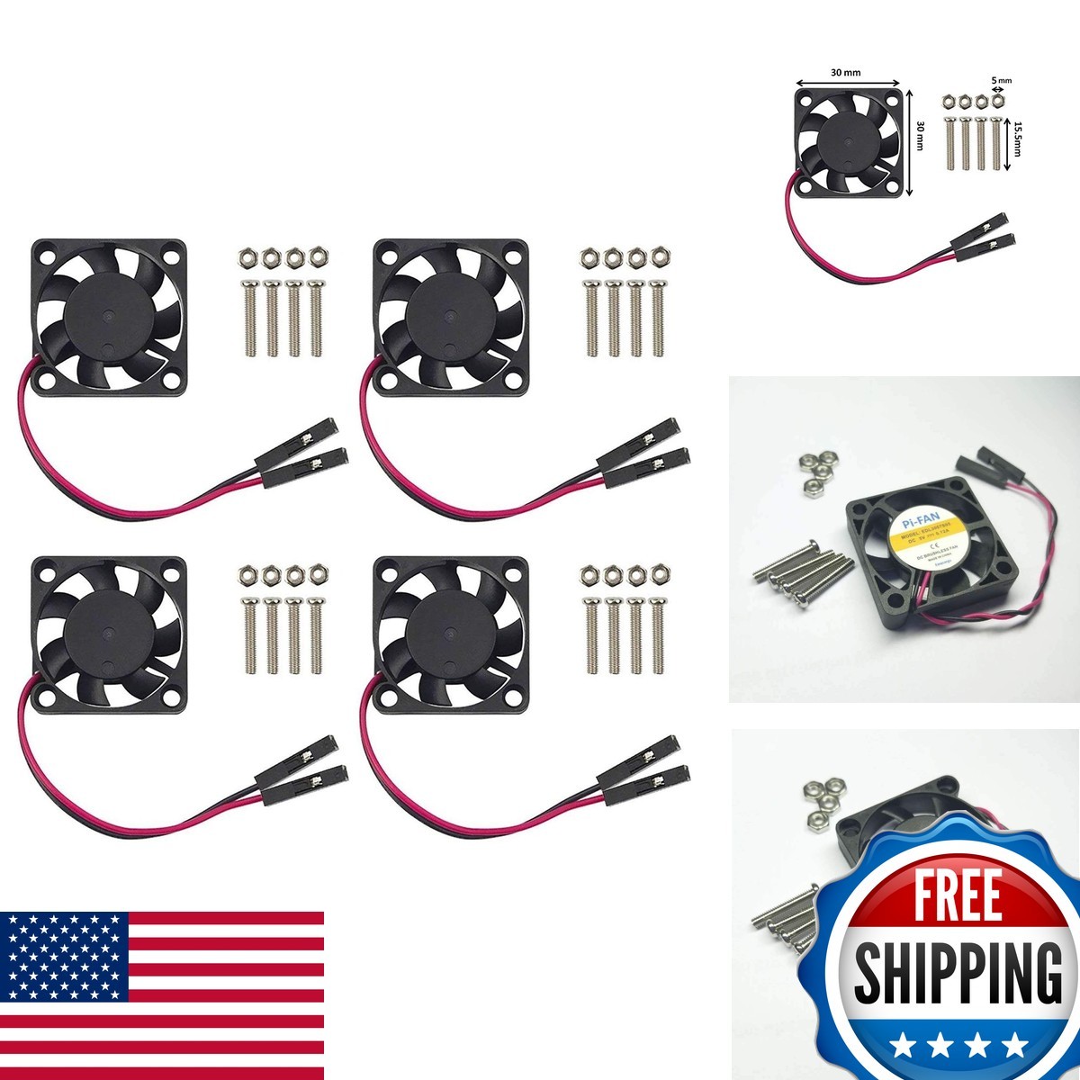 Easycargo 30mm Fan 5V 3.3V DC Quiet Fan for Raspberry Pi 5 4 3B+ 3007 (4-Sets)