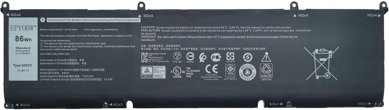 69KF2 Laptop Battery 86Wh 7167mAh 11.4V Series 0P8P1P 0DVG8M 70N2F Compatible