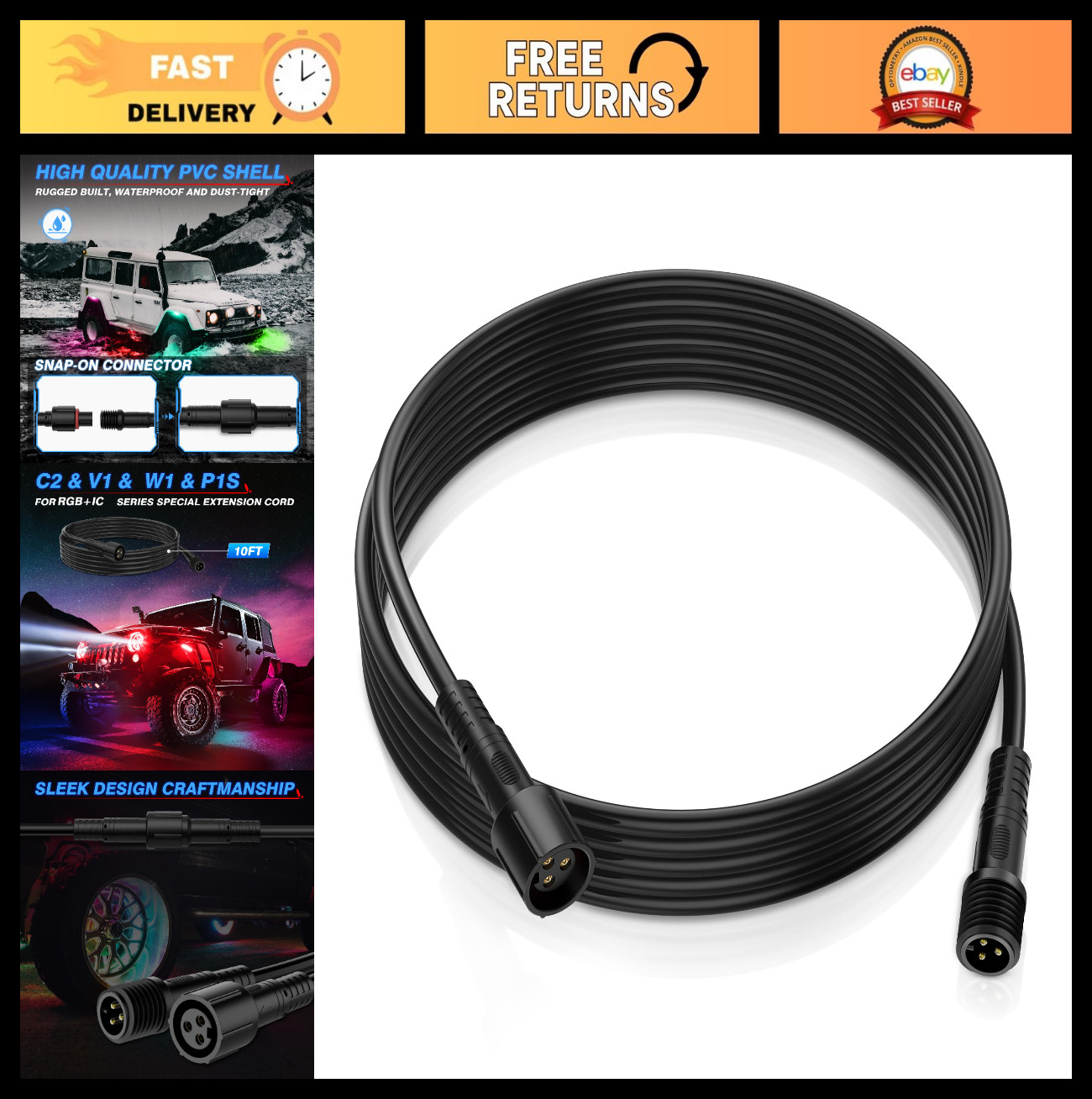 6.56FT 3Pin RGB+IC Extension Cable for V1 W1 C2 Q1 Q2 Max RGB Lights - 1pc