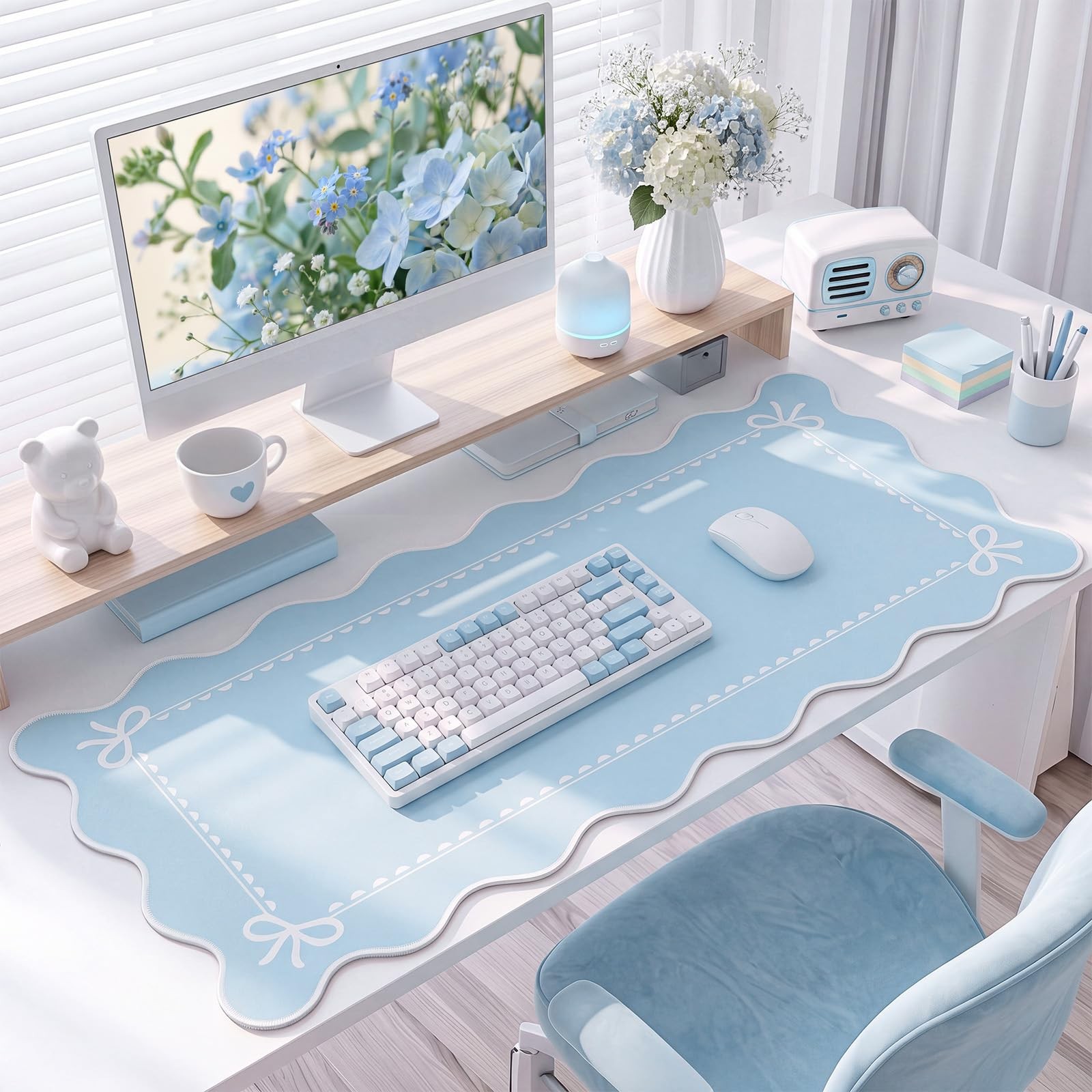 Tellegloww Scalloped Bow Desk Mat Coquette Pad, Sky Blue, 31.5x15.7in | Large...