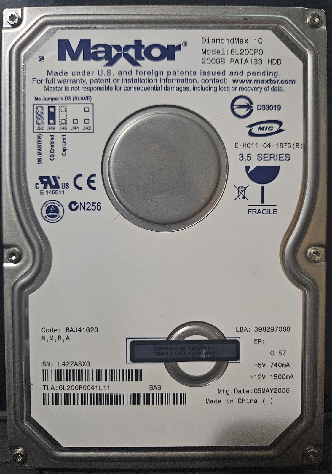 Maxtor 200GB Diamondmax 10 3.5 Series Hard Drive 6L200P0