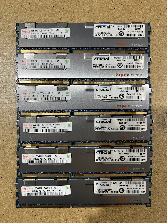 LOT OF 6-SK Hynix 8GB 2Rx4 PC3-10600R-9-10-E1 (6x8=48GB) ECC Reg. Server Ram